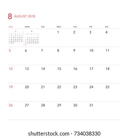 Simple August 2018 calendar. Week starts from Sunday.