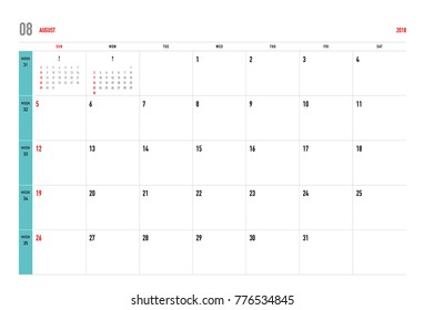 Simple August 2018 calendar. Week starts from Sunday.