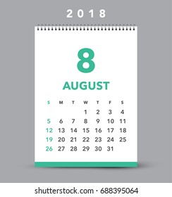 Simple August 2018 desk calendar. Week starts from Sunday.