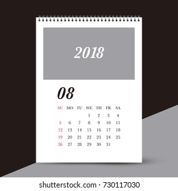 Simple August 2018 photo calendar. Week starts from Sunday.