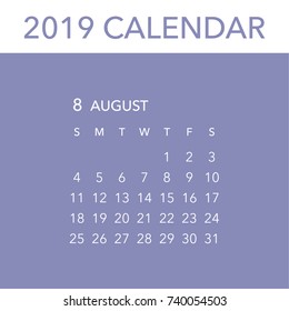 Simple August 2019 calendar. Week starts from Sunday.