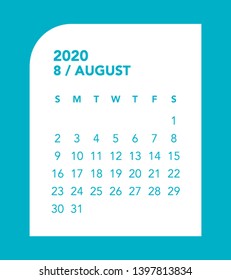 Simple August 2020 calendar. Week starts from Sunday.