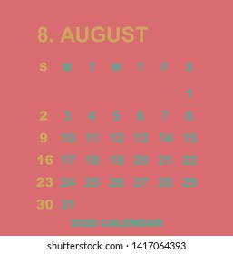 Simple August 2020 calendar. Week starts from Sunday.