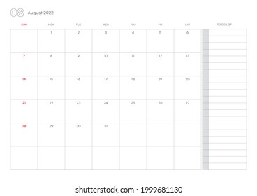 Simple August 2022 calendar template illustration.