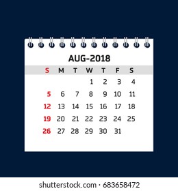 Simple August calendar for 2018 year. Week starts from Sunday.