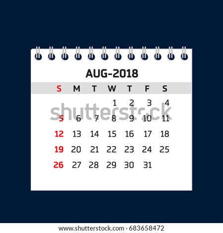 Simple August calendar for 2018 year. Week starts from Sunday.