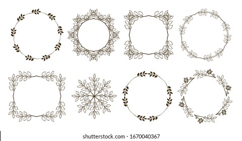 Simple authentic hand drawn graphic frames decorated leaves