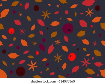 Simple autumn background pattern. Berries cinnamon and leaves. Grey. Vector illustration.