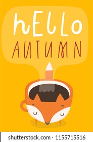 Simple autumn card with illustrations and lettering. Cute illustration with cup in shape of fox. Hello autumn. Vector illustrations eps 10