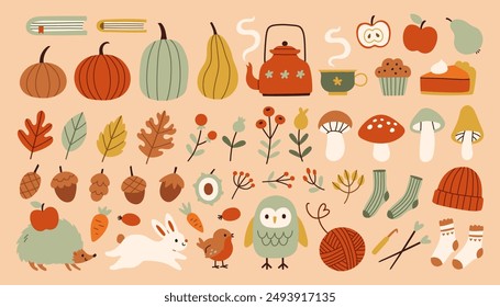 Simple autumn cozy set. Fall hand drawn vector collection. Fall season cozy elements clipart bundle isolated