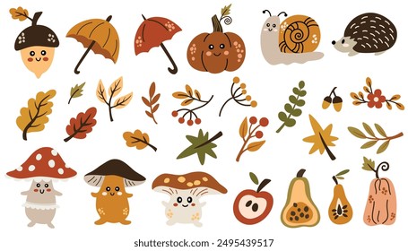 Simple autumn cozy set. Fall hand drawn vector collection. Fall season cozy elements clipart bundle isolated
