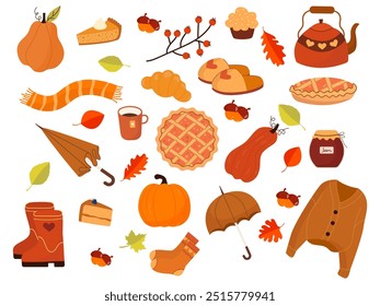 Simple autumn cozy set. Fall hand drawn vector collection. Fall season cozy elements clipart bundle isolated