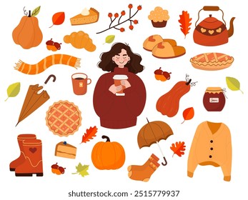 Simple autumn cozy set. Girl holding big glass of coffee. Autumn hand drawn vector collection. Fall season cozy elements clipart set isolatedbundle isolated