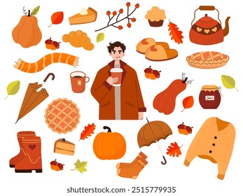 Simple autumn cozy set. Guy in his arms big glass of coffee. Autumn hand drawn vector collection. Fall season cozy elements clipart set isolated