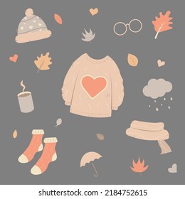 Simple Autumn cute and cozy design elements, symbols. Set of leaves, sweater, socks, scarf and tea cup. Flat vector illustration isolated on dark grey background