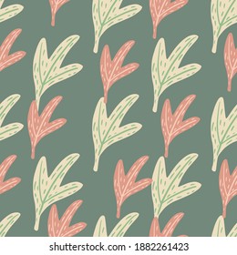 Simple autumn leaf abstract silhouettes seamless pattern. Doodle foliage in green and pink pastel tones. Great for fabric design, textile print, wrapping, cover. Vector illustration.