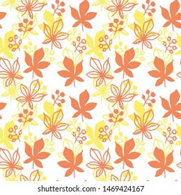 Simple autumn leaves seamless pattern on white background. Orange and yellow chestnut leaf with berries, hand drawn vector illustration.