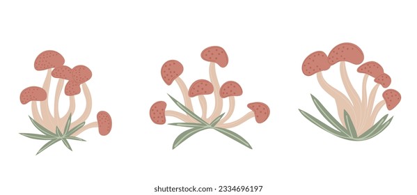 Simple Autumn mushrooms in grass. Hand drawn stylized element for autumn decorative design, halloween invitation, harvest or thanksgiving. Vector illustration