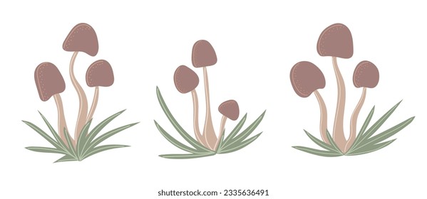 Simple Autumn mushrooms in grass. Hand drawn stylized element for autumn decorative design, halloween invitation, harvest or thanksgiving. Vector illustration