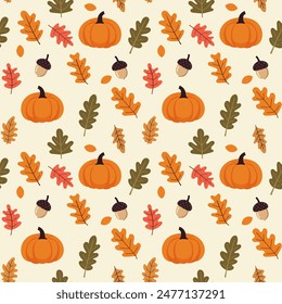 A simple autumn pattern in flat style featuring colorful leaves, acorns, and pumpkins arranged in a repeating design. For textiles, cotton fabric, covers, wallpaper, print, postcard, scrapbooking.