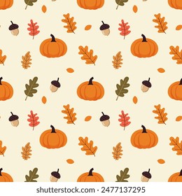 A simple autumn pattern in flat style featuring colorful leaves, acorns, and pumpkins arranged in a repeating design. For textiles, cotton fabric, covers, wallpaper, print, postcard, scrapbooking.