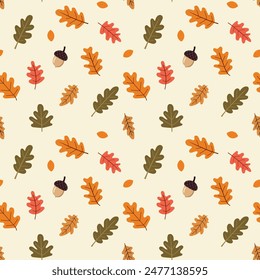 A simple autumn pattern in flat style featuring colorful leaves arranged in a repeating design.Background for textiles, fabrics, cotton fabric, covers, wallpaper, print, gift wrapping, postcard.