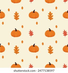 A simple autumn pattern in flat style featuring colorful leaves arranged in a repeating design.Background for textiles, fabrics, cotton fabric, covers, wallpaper, print, gift wrapping, postcard.
