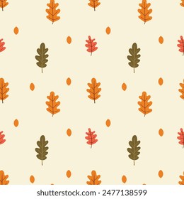 A simple autumn pattern in flat style featuring colorful leaves arranged in a repeating design.Background for textiles, fabrics, cotton fabric, covers, wallpaper, print, gift wrapping, postcard.