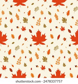 A simple autumn pattern in flat style featuring colorful leaves arranged in a repeating design.Background for textiles, fabrics, cotton fabric, covers, wallpaper, print, gift wrapping, postcard.