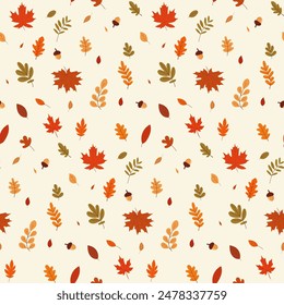 Un patrón de otoño simple en estilo plano con hojas coloridas dispuestas en un diseño repetido. Fondo para textiles, telas, tela de algodón, cubiertas, Fondo de pantalla, estampado, envoltura de regalo, postal.