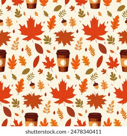 A simple autumn pattern in flat style featuring colorful leaves arranged in a repeating design.Background for textiles, fabrics, cotton fabric, covers, wallpaper, print, gift wrapping, postcard.
