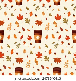 A simple autumn pattern in flat style featuring colorful leaves arranged in a repeating design.Background for textiles, fabrics, cotton fabric, covers, wallpaper, print, gift wrapping, postcard.
