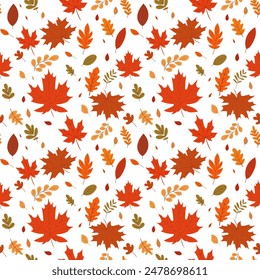 A simple autumn pattern in flat style featuring colorful leaves arranged in a repeating design.Background for textiles, fabrics, cotton fabric, covers, wallpaper, print, gift wrapping, postcard.