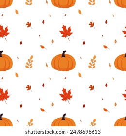 A simple autumn pattern in flat style featuring colorful leaves arranged in a repeating design.Background for textiles, fabrics, cotton fabric, covers, wallpaper, print, gift wrapping, postcard.