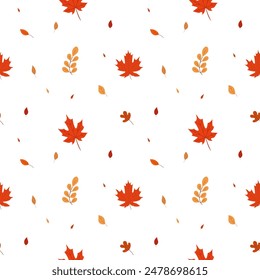 A simple autumn pattern in flat style featuring colorful leaves arranged in a repeating design.Background for textiles, fabrics, cotton fabric, covers, wallpaper, print, gift wrapping, postcard.