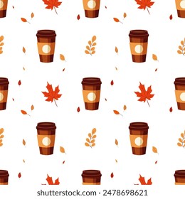A simple autumn pattern in flat style featuring colorful leaves arranged in a repeating design.Background for textiles, fabrics, cotton fabric, covers, wallpaper, print, gift wrapping, postcard.