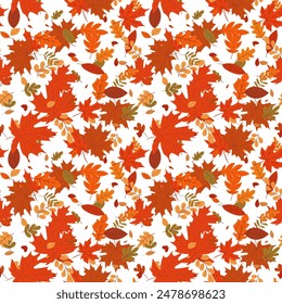 A simple autumn pattern in flat style featuring colorful leaves arranged in a repeating design.Background for textiles, fabrics, cotton fabric, covers, wallpaper, print, gift wrapping, postcard.