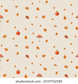A simple autumn pattern in flat style featuring colorful leaves arranged in a repeating design.Background for textiles, fabrics, cotton fabric, covers, wallpaper, print, gift wrapping, postcard.