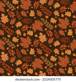 A simple autumn pattern in flat style featuring colorful leaves arranged in a repeating design.Background for textiles, fabrics, cotton fabric, covers, wallpaper, print, gift wrapping, postcard.Not II