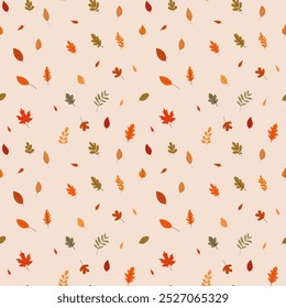 A simple autumn pattern in flat style featuring colorful leaves arranged in a repeating design.Background for textiles, fabrics, cotton fabric, covers, wallpaper, print, gift wrapping, postcard.Not II