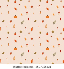 A simple autumn pattern in flat style featuring colorful leaves arranged in a repeating design.Background for textiles, fabrics, cotton fabric, covers, wallpaper, print, gift wrapping, postcard.Not II