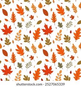 A simple autumn pattern in flat style featuring colorful leaves arranged in a repeating design.Background for textiles, fabrics, cotton fabric, covers, wallpaper, print, gift wrapping, postcard.Not II