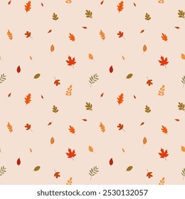 A simple autumn pattern in flat style featuring colorful leaves arranged in a repeating design.Background for textiles, fabrics, cotton fabric, covers, wallpaper, print, gift wrapping, postcard.