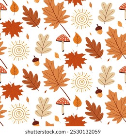 A simple autumn pattern in flat style featuring colorful leaves arranged in a repeating design.Background for textiles, fabrics, cotton fabric, covers, wallpaper, print, gift wrapping, postcard.