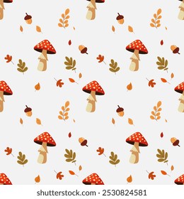 A simple autumn pattern in flat style featuring colorful leaves arranged in a repeating design.Background for textiles, fabrics, cotton fabric, covers, wallpaper, print, gift wrapping, postcard.