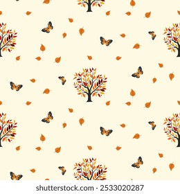 Um padrão de outono simples em estilo plano com folhas coloridas dispostas em um design repetitivo.Background para têxteis, tecidos, tecido de algodão, capas, papel de parede, impressão, embrulho de presente, cartão postal.