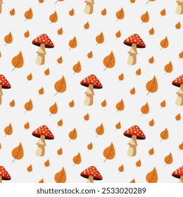 A simple autumn pattern in flat style featuring colorful leaves arranged in a repeating design.Background for textiles, fabrics, cotton fabric, covers, wallpaper, print, gift wrapping, postcard.