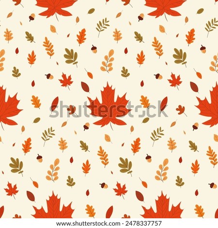 A simple autumn pattern in flat style featuring colorful leaves arranged in a repeating design.Background for textiles, fabrics, cotton fabric, covers, wallpaper, print, gift wrapping, postcard.