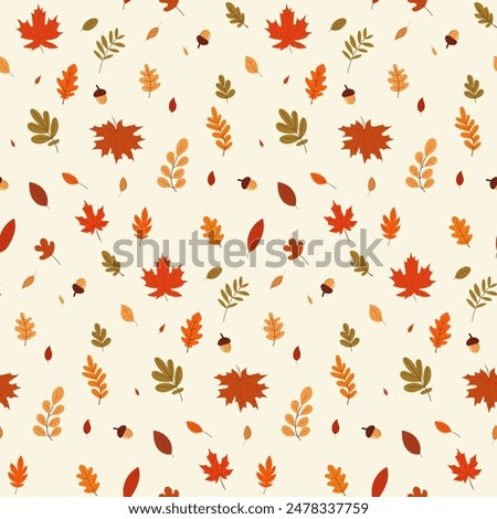 A simple autumn pattern in flat style featuring colorful leaves arranged in a repeating design.Background for textiles, fabrics, cotton fabric, covers, wallpaper, print, gift wrapping, postcard.