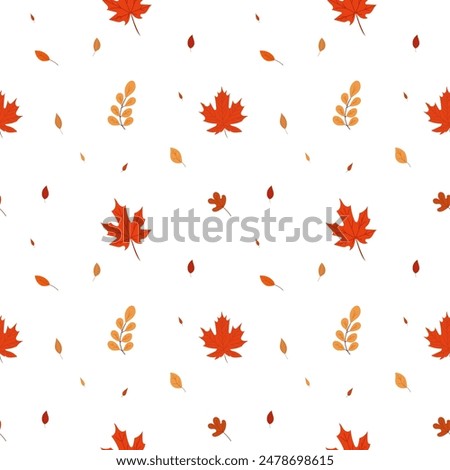 A simple autumn pattern in flat style featuring colorful leaves arranged in a repeating design.Background for textiles, fabrics, cotton fabric, covers, wallpaper, print, gift wrapping, postcard.